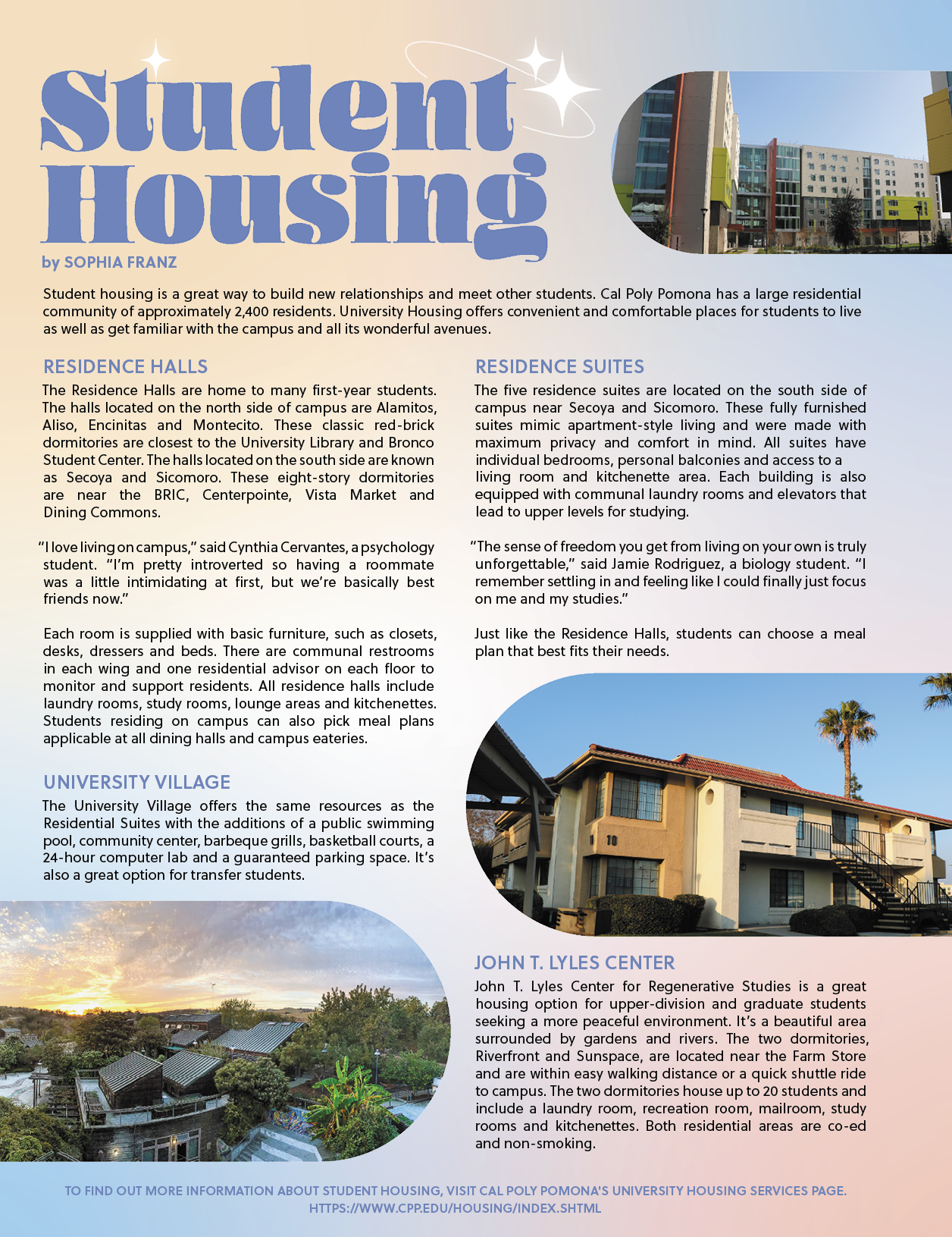 Single page layout about CPP student housing (photographs provided by The Poly Post)