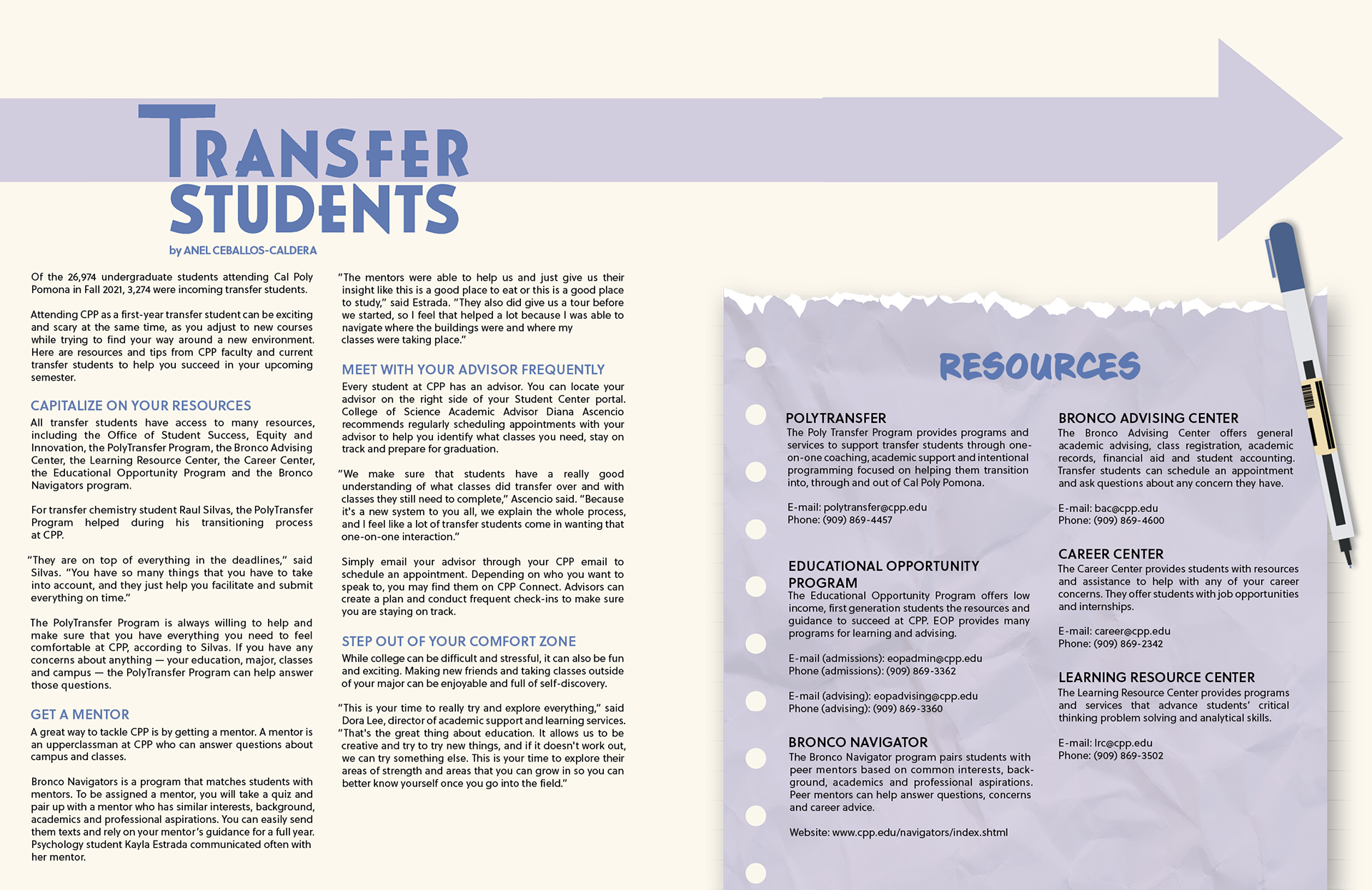 Layout spread on tips and resources for college transfer students