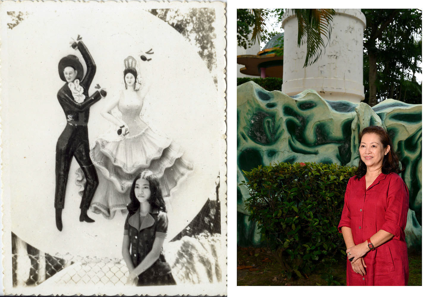 1973. “We are the school girls of New Town Secondary School. We took our photos at Haw Par Villa in 1973 when we are only 15 years old. Very happy to be able to come back and take photos again with a few of our old school mates. Now we are all in our 60's and we're so happy to be able to meet up again. The other 2 school boys is Chee Thong and Cheng Hee which we girls have been contacting each other. Very hapy to see our friends again after so many years.” - Helen Tan Boon Kuan, 60