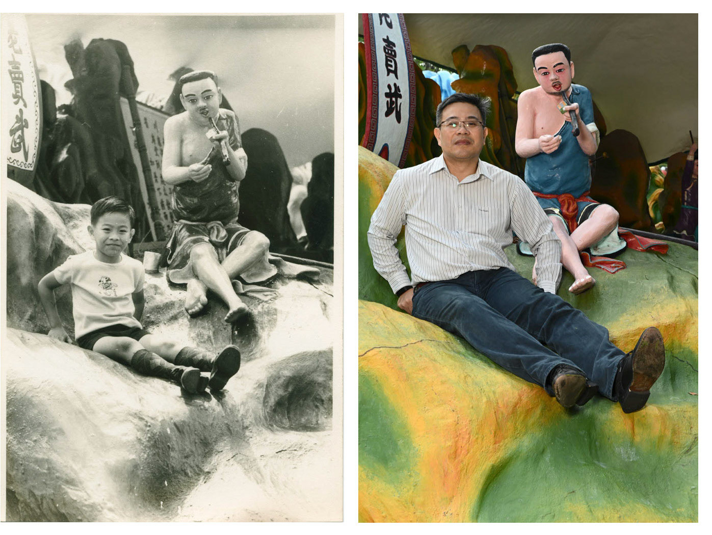Early 1970s. "I used to cry when my dad put me on the statues at Haw Par Villa" - Lim Mu Chong, 55