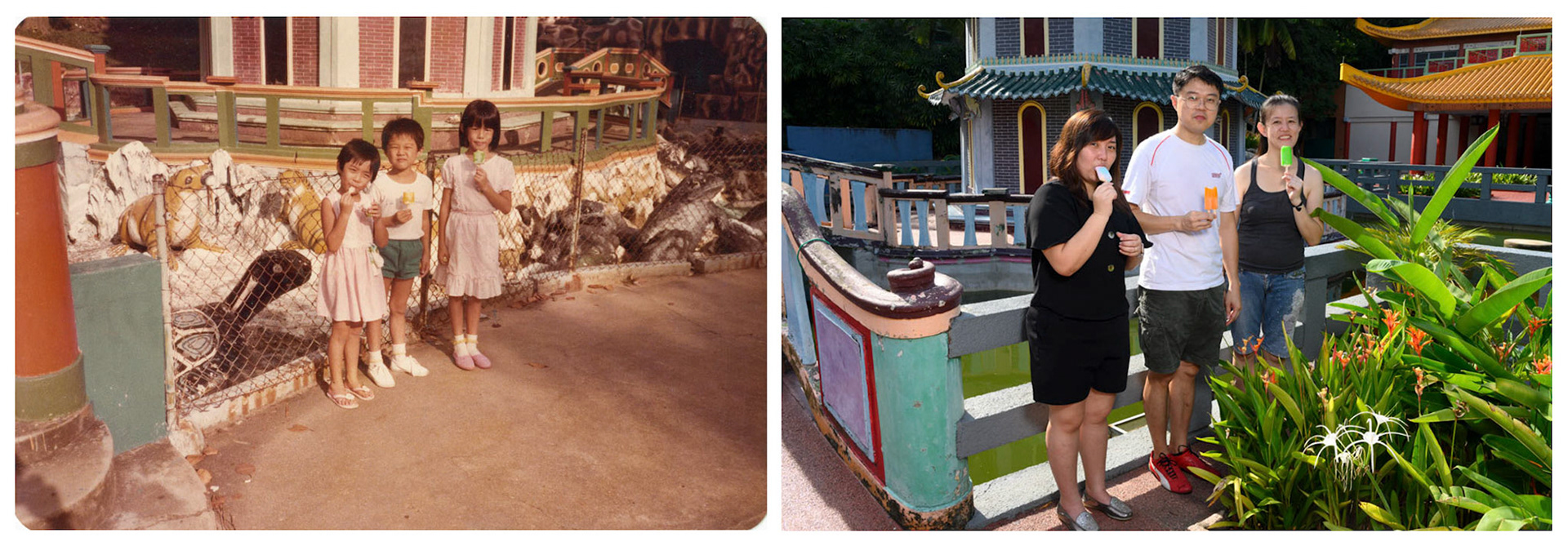 1985. "A outing for children (us) where Haw Par Villa is one of the stops. We were at East Coast before this." - Joyce Ng, 40 , Colin Choo, 40 and Brenda Choo, 42