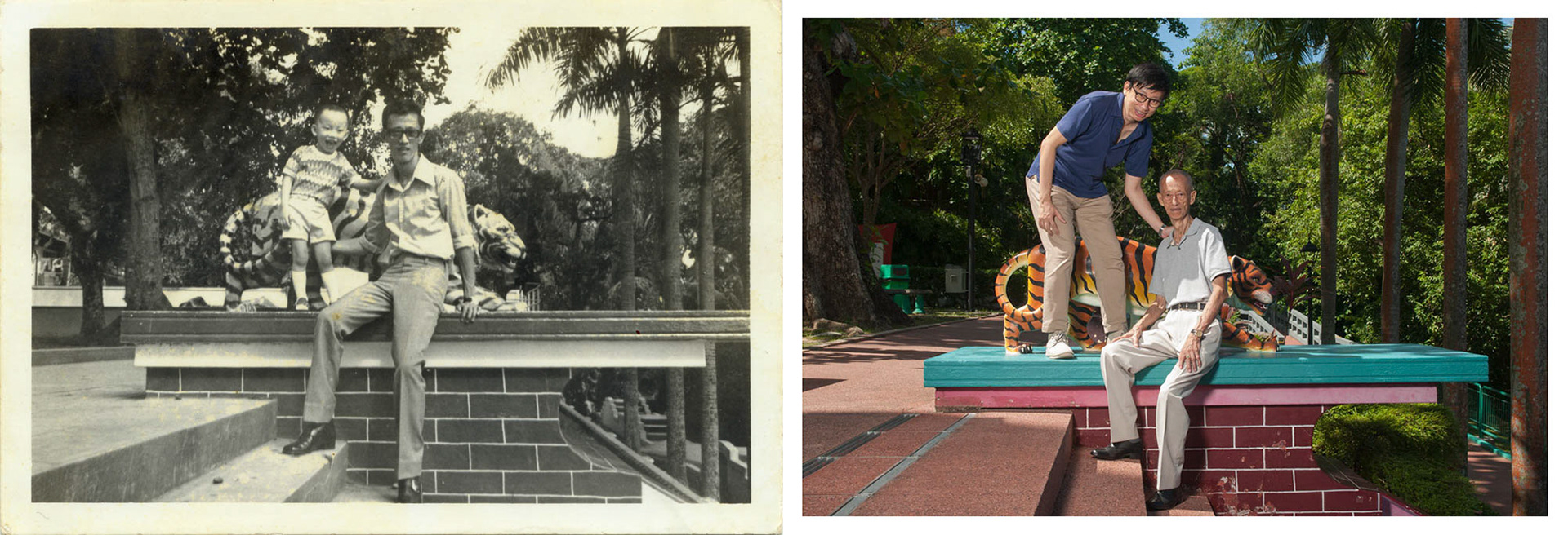 1973. "My dad was bornt in the year of the tiger. That's why we took a photo here." - Gwee Li Sui, 48 & Gwee Seng Hong, 81