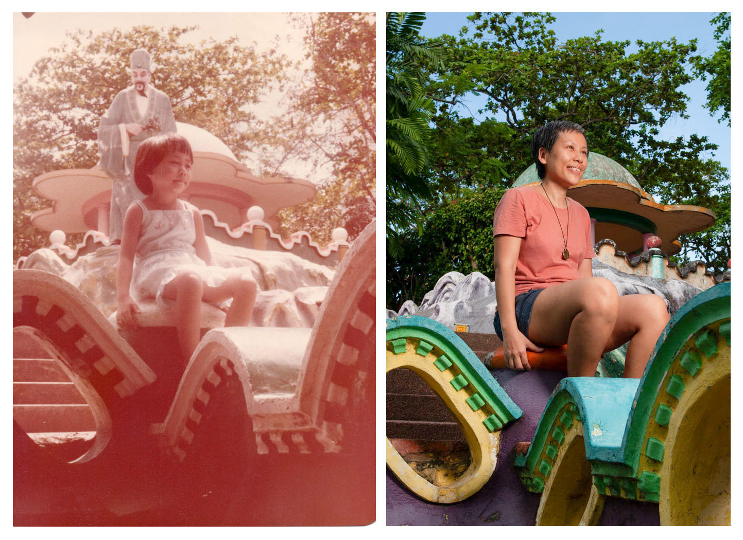 Circa 1979, 1980. “I remember feeling like I was in some horror show at some parts of Haw Par Villa. I always burst into tears whenever my parents place me on some of the statues, especially the tiger statue, to photograph me. This was one of the very statues I was not afraid of. The other 2 photos shows me being comfortable at those 2 spots, especially at the pagoda. The pagoda was one of my favourite places as do for other kids. It’s where we come together to play catching and hide and seek.” - Gel Yeo, 44