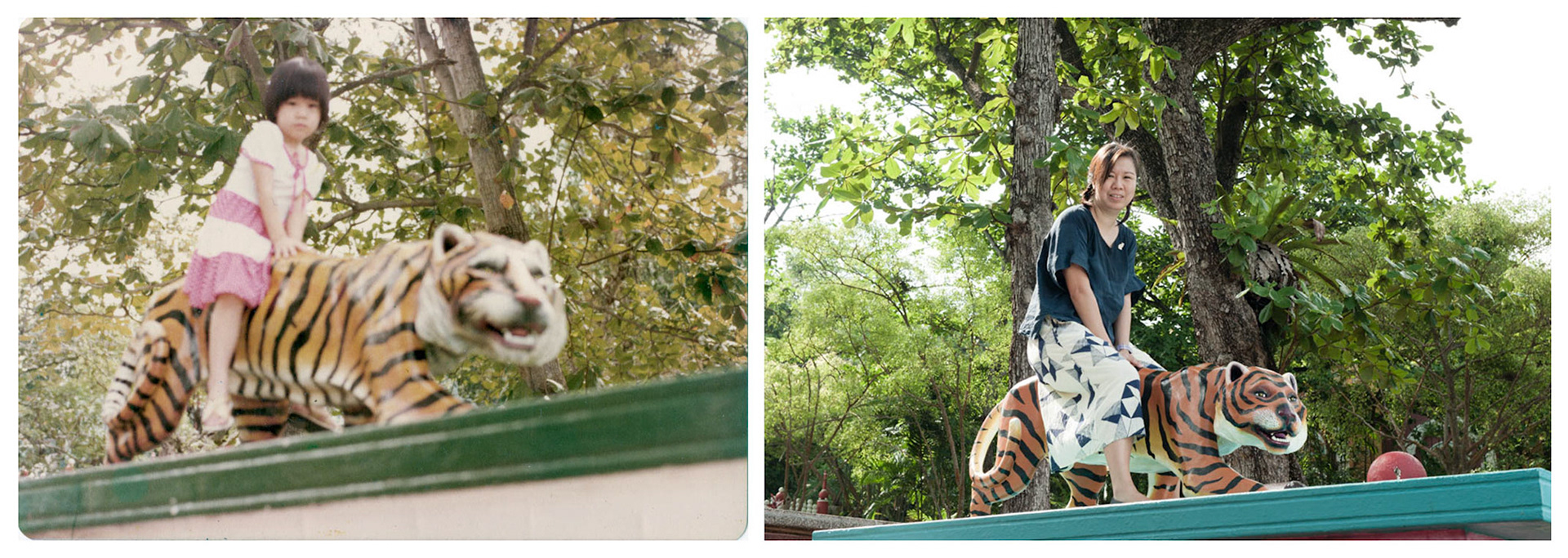1979. "I thought the "sit- on-the-tiger" pose was quintessential for kids visiting Haw Par Villa. Turns out there's more! It's still my favourite memory of Haw Par Villa even though I look super grumpy." - Deanna Ng , 43