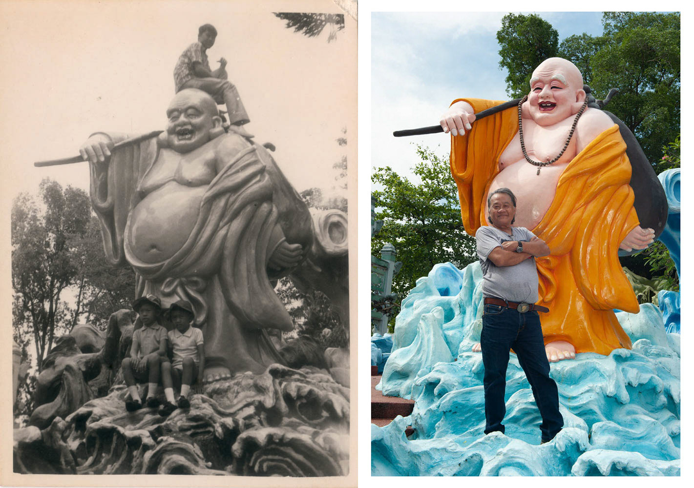 Late 1960s. " I was sitting on top of the Buddha's head but I got photobombed by the two kids below." - Ng Kwang Yeow, 65