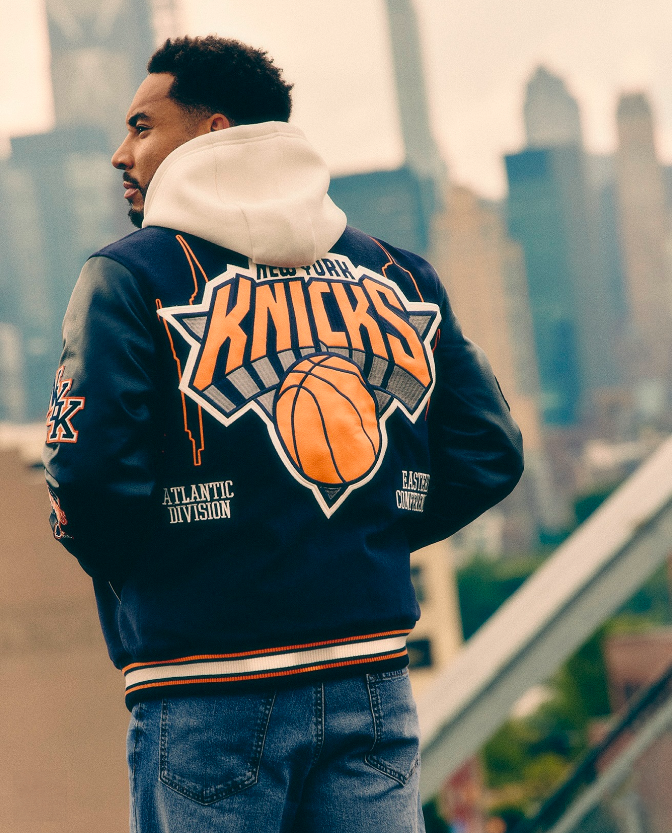 NBA x Josh Denzel [Primark] AW24 NY Knicks Jacket. Photoshoot By Primark