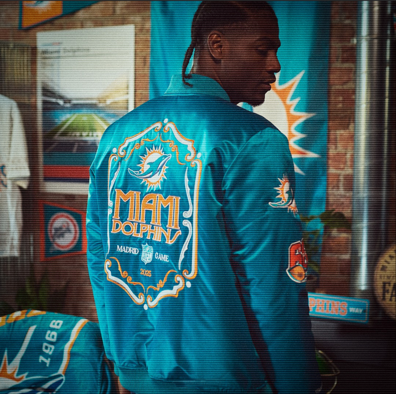 Mitchell & Ness x Miami Dolphins Madrid Game 2025 Satin Bomber