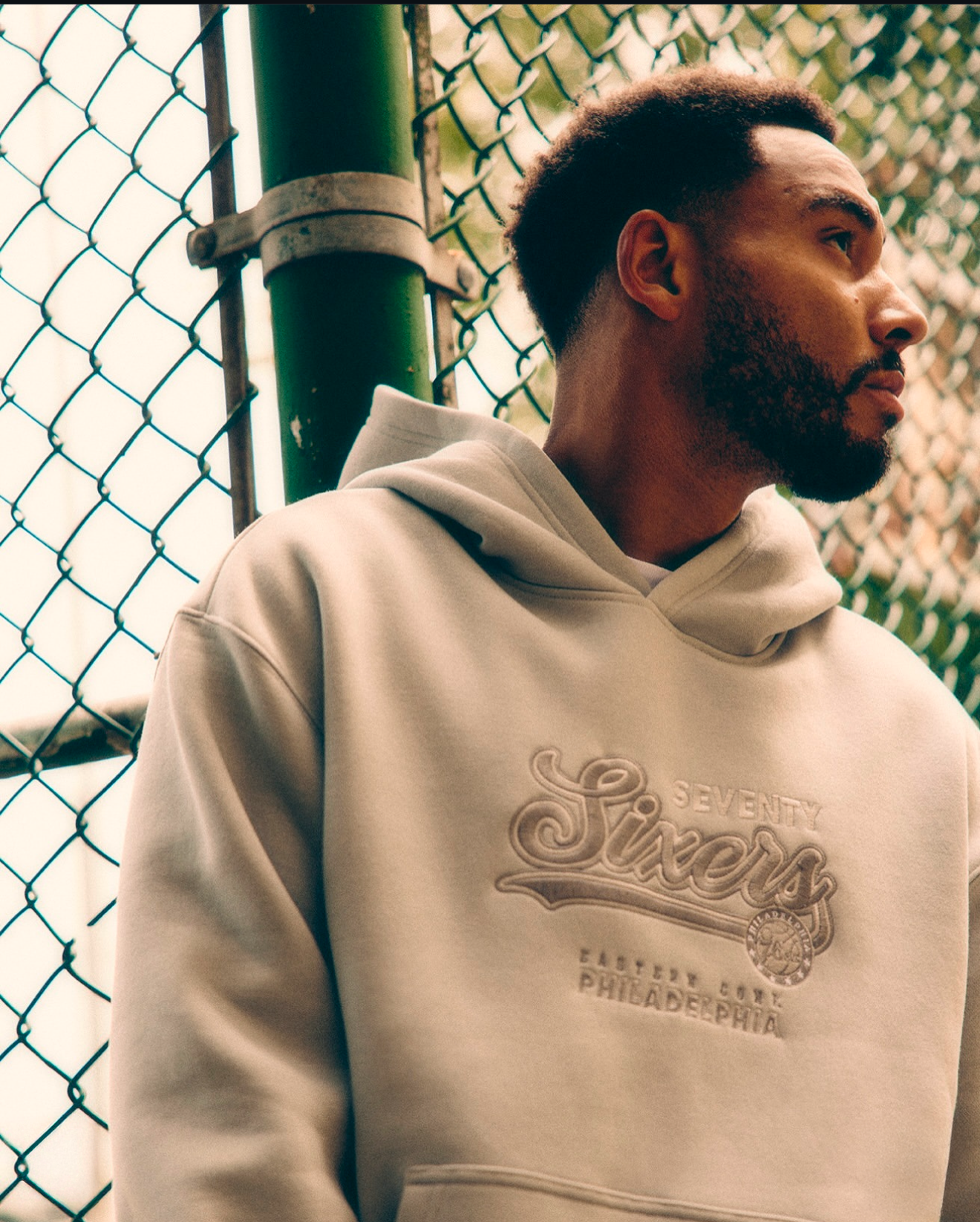 NBA x Josh Denzel [Primark] AW24 Philadelphia 76ers Tonal Hood. Photoshoot By Primark