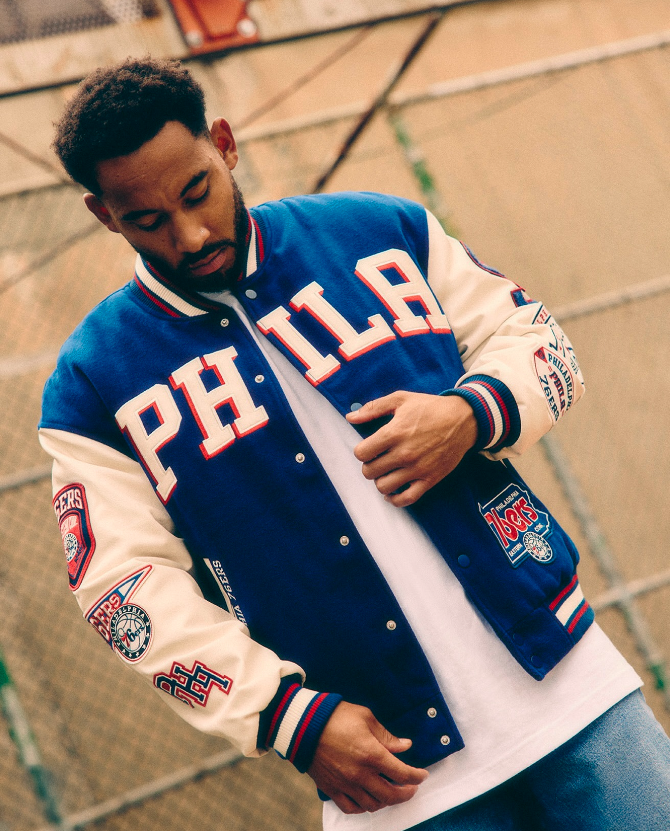 NBA x Josh Denzel [Primark] AW24 Philadelphia 76ers Jacket. Photoshoot By Primark