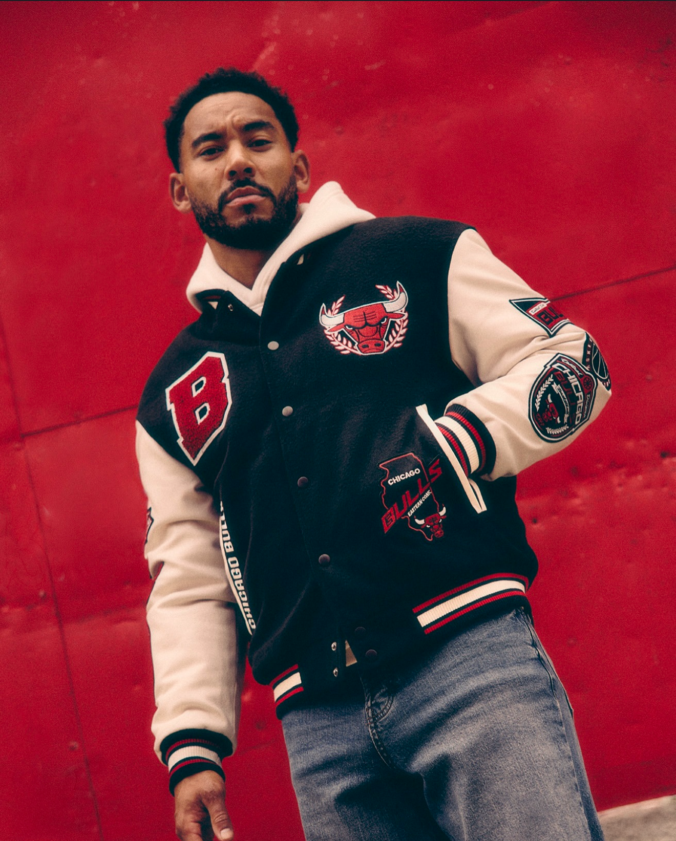 NBA x Josh Denzel [Primark] AW24 Chicago Bulls Jacket. Photoshoot By Primark