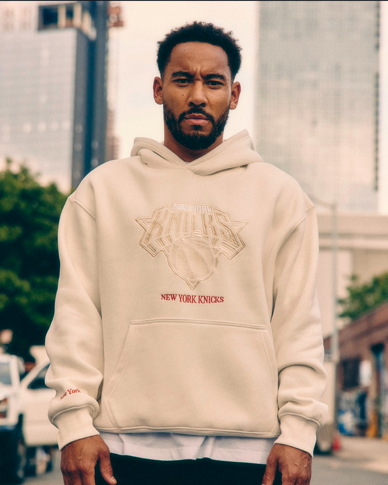 NBA x Josh Denzel [Primark] AW24 NY Knicks Tonal Embroidery Hood. Photoshoot By Primark