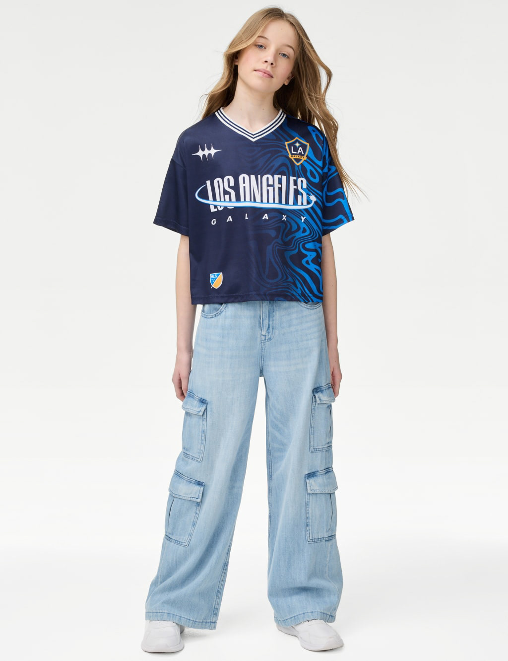 M&S LA Galaxy Cropped Fit Girls Football Shirt - Photography by Marks & Spencer