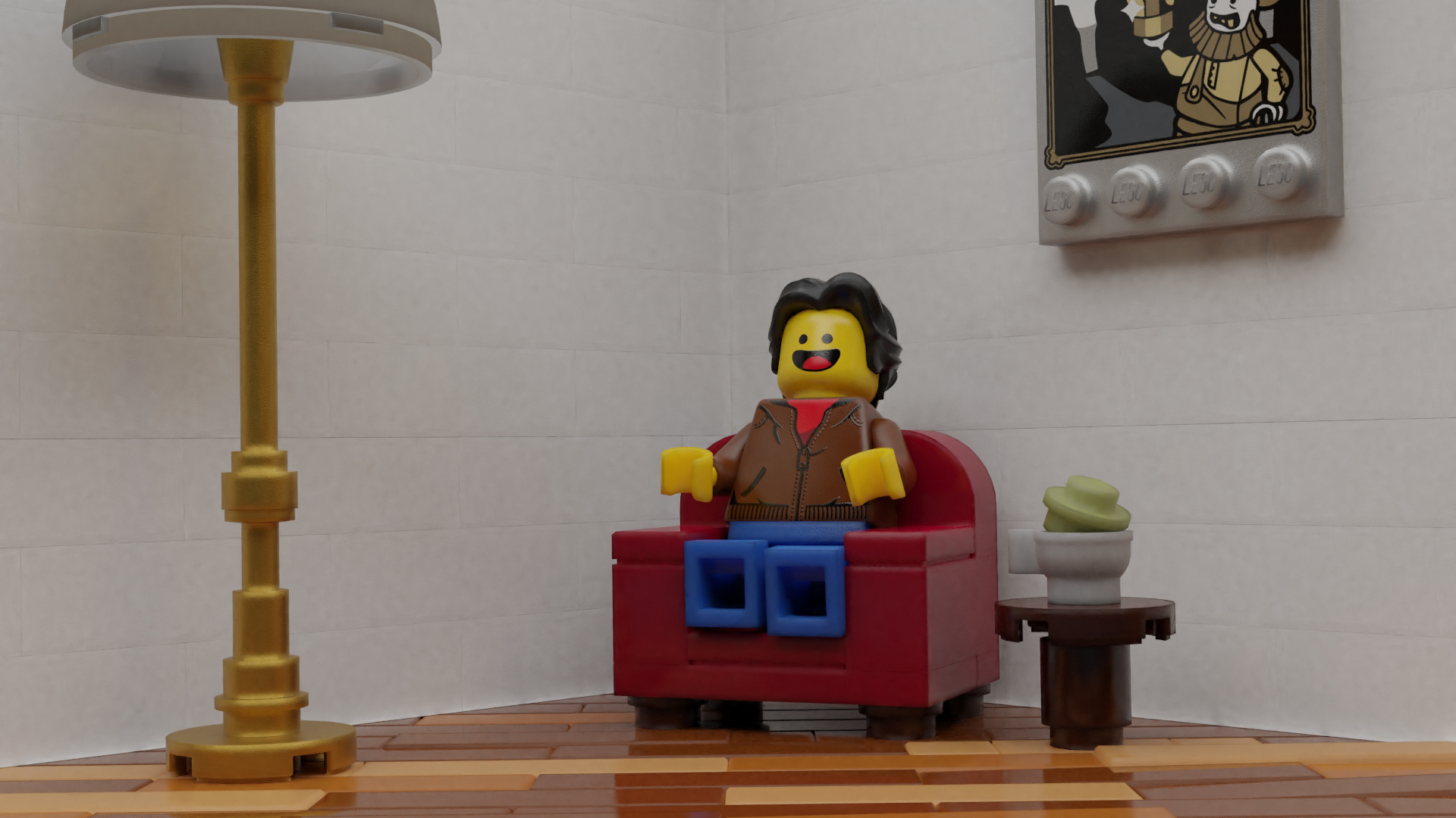 A man reclines in Lego City.