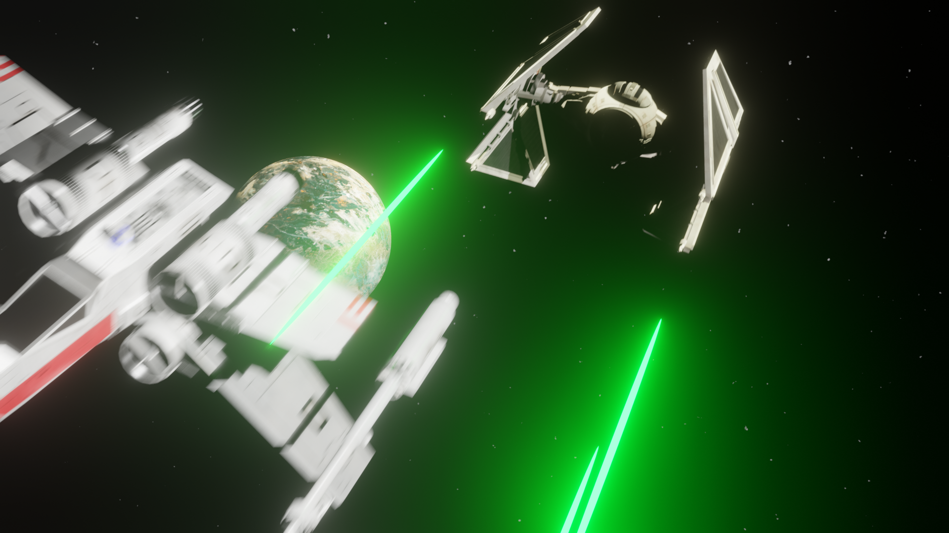 A TIE Interceptor chases an X-Wing.