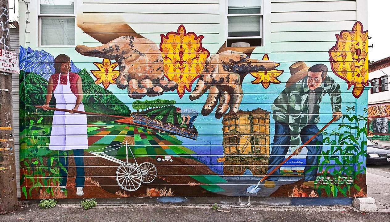 "Old Soil, New Roots" Acrylic 14'x25' 2009 This mural was designed and painted by Brian Perrin, Christo Oropeza and I, with members of the San Pancho Art Collective. The mural was sponsored by and located behind Mission Pie Cafe located at 25th street and Mission in San Francisco, CA. Photo by Chris Brennan.