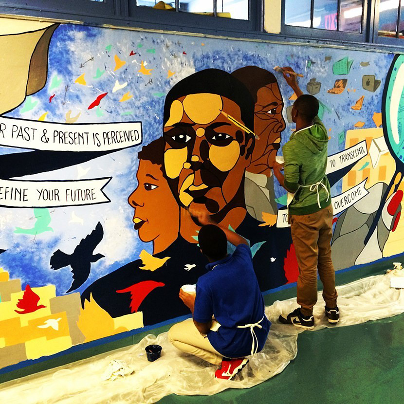Bronx High School for Writing and Communication Arts, 2016. 7 x 20' 2016 Painted with a small group of students at BHSWCA this mural is talking about educational equity, and overcoming the inequities students in this part of New York face to gain access to better education. Done with Community-Word Project, Spring 2016.