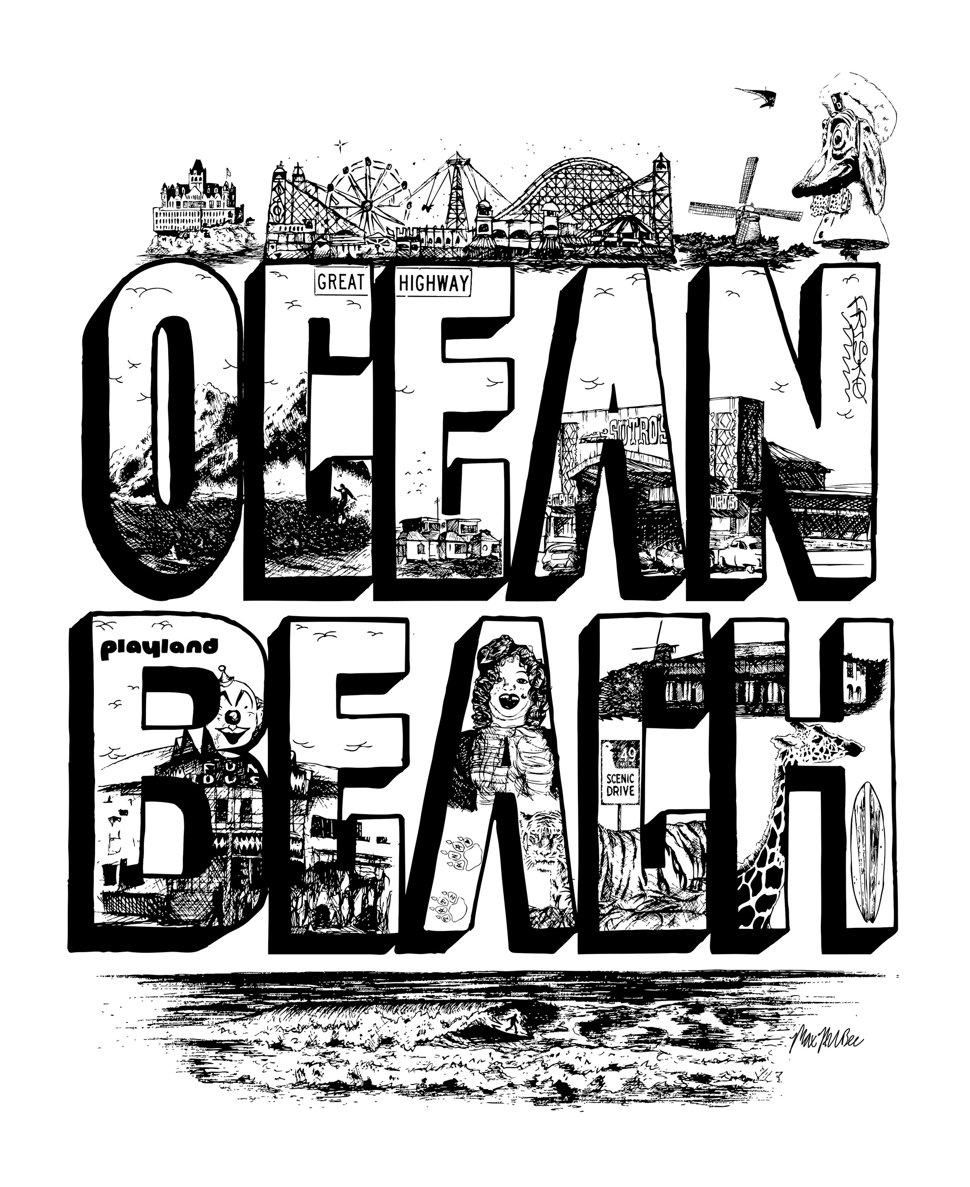 Ocean Beach illustration 2013 This is a tribute to San Francisco's beloved Ocean Beach complete with historical references to the original Cliff House, Playland at the Beach, Doggie Diner, Tatiana the tiger (R.I.P.), Sutro Baths and more.