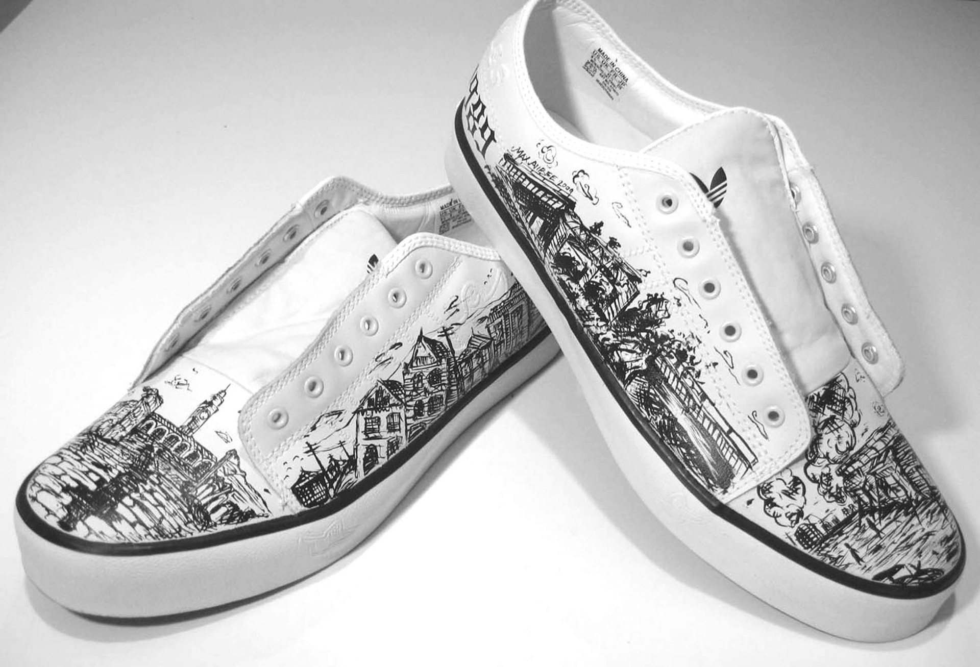 Earthquakes, 2009.  This pair of Adidas were painted to commemorate the 1906 and 1989 earthquakes that shook the San Francisco Bay Area.