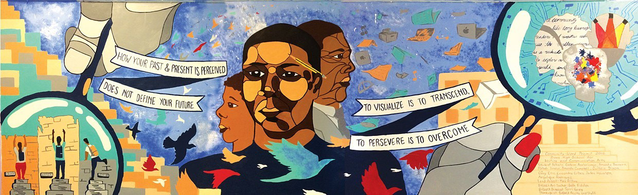 Bronx High School for Writing and Communication Arts, 2016. 7 x 20' 2016 Painted with a small group of students at BHSWCA this mural is talking about educational equity, and overcoming the inequities students in this part of New York face to gain access to better education. Done with Community-Word Project, Spring 2016.