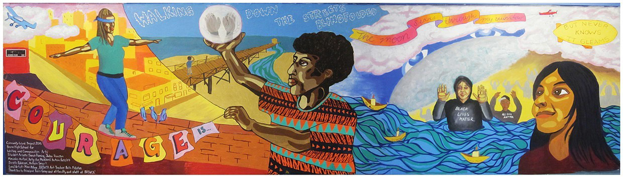 "Courage is..." 2015 "Courage is... walking down the street blindfolded. The moon sears through my window, but never knows it gleams." This is a community mural design I painted with students at Bronx High School for Writing and Communication through Community Word Project.