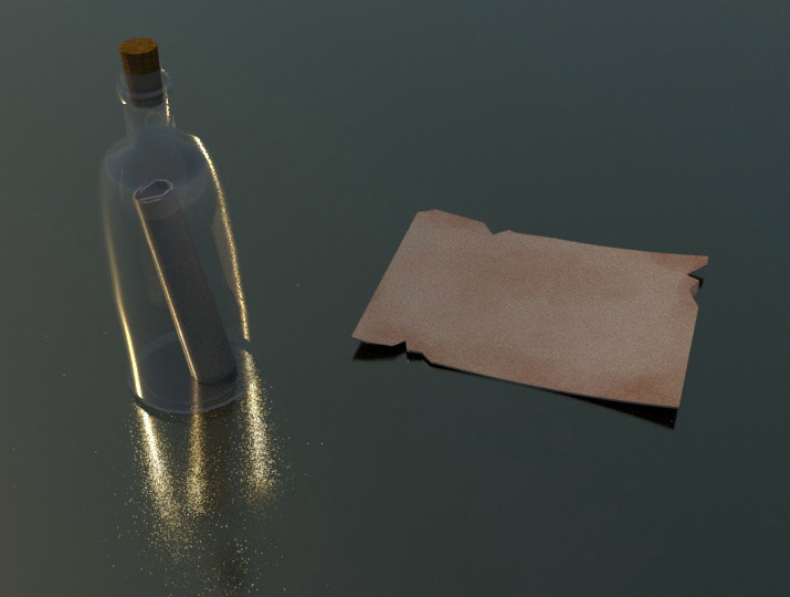 Model of message in a bottle and message unfurled.
