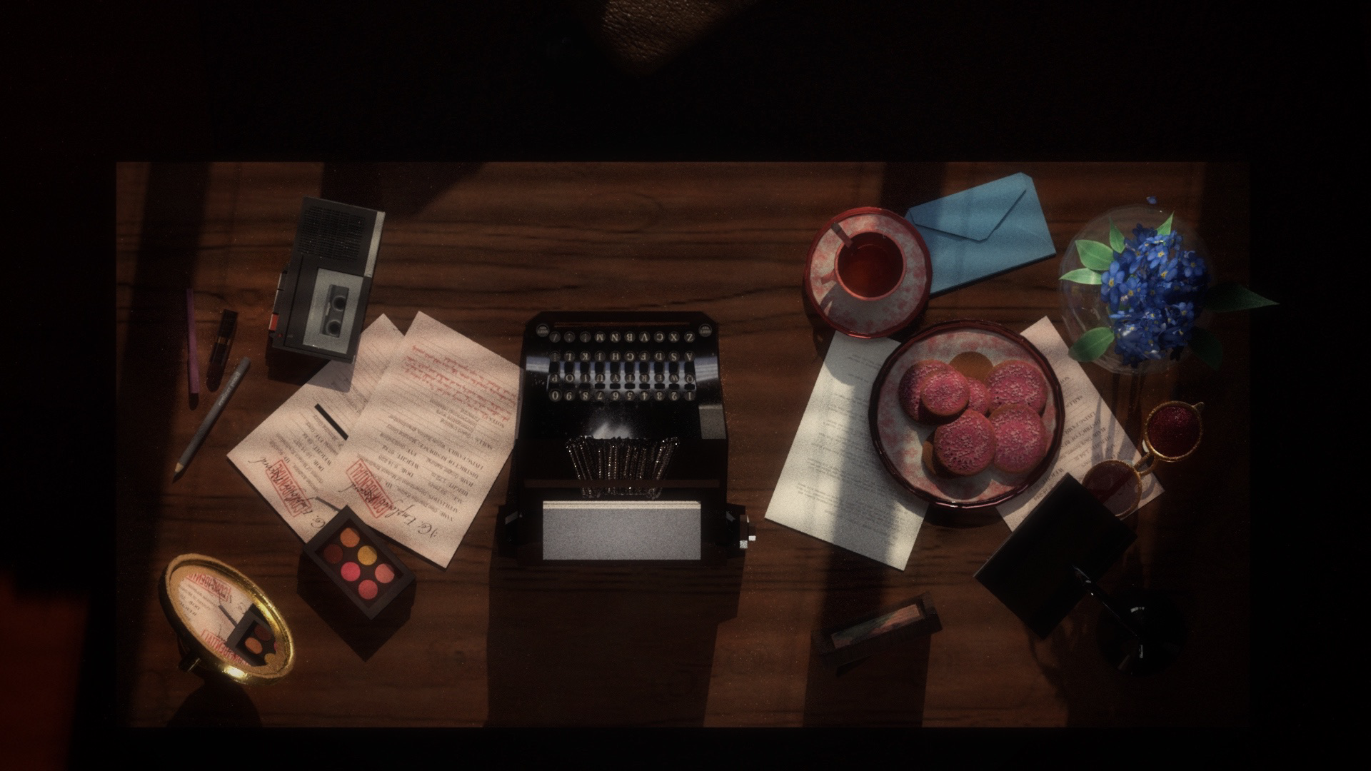 Detective's office render, top-down desk view.