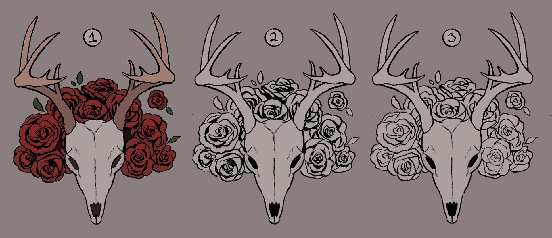 Designs for a tattoo of a European Mount with roses.