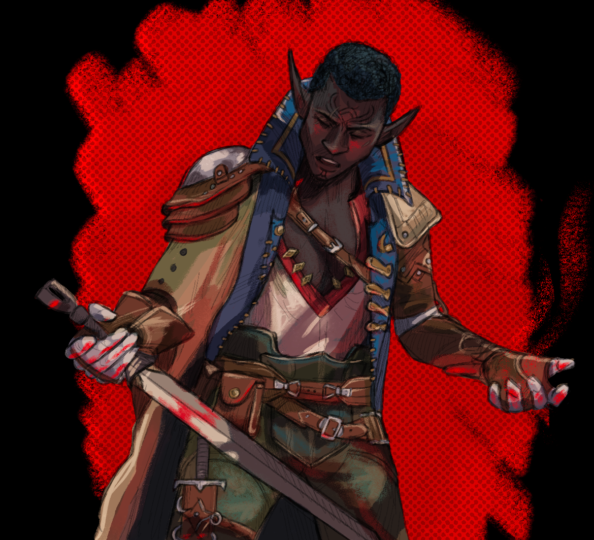 "A Blade Sharpened," 2025, digital art. Art of Dragon Age character Davrin.