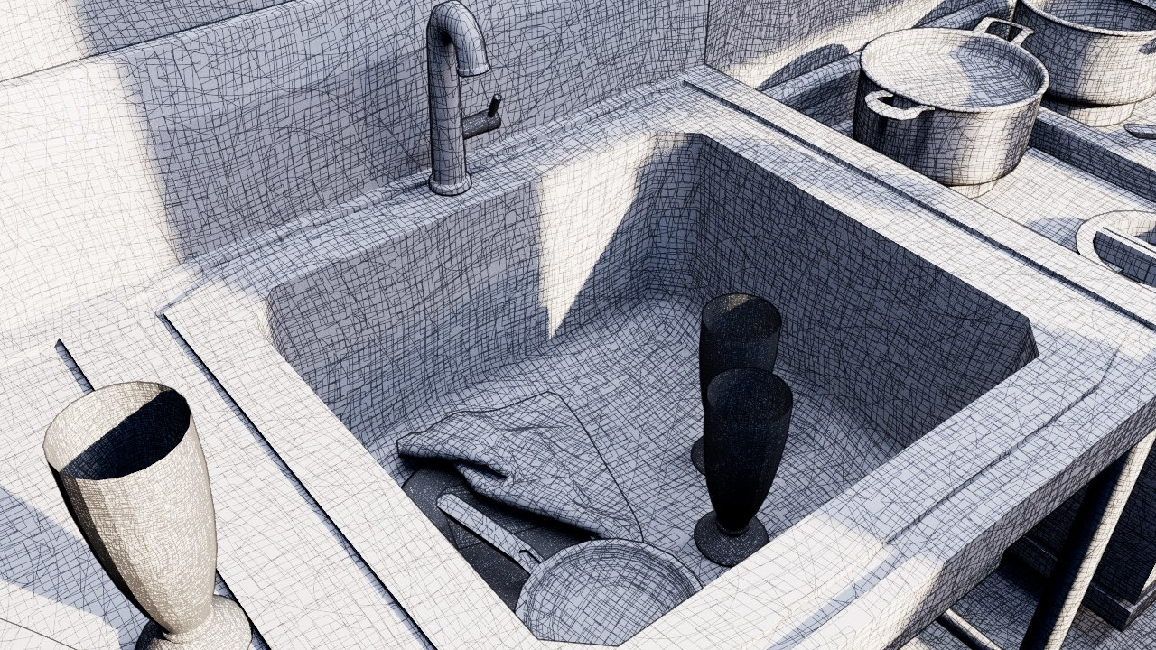 Kitchen render using hatched shading.