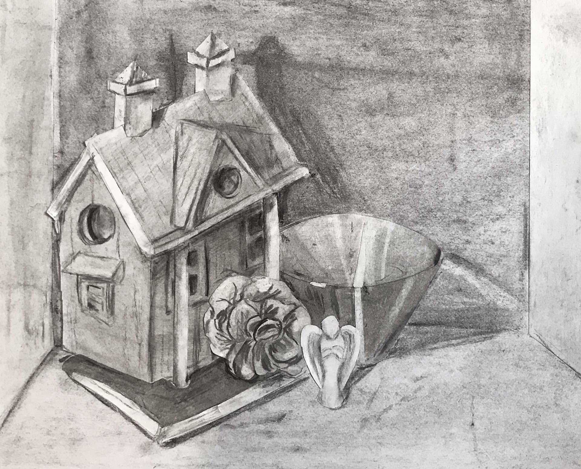 Charcoal and collage on paper.