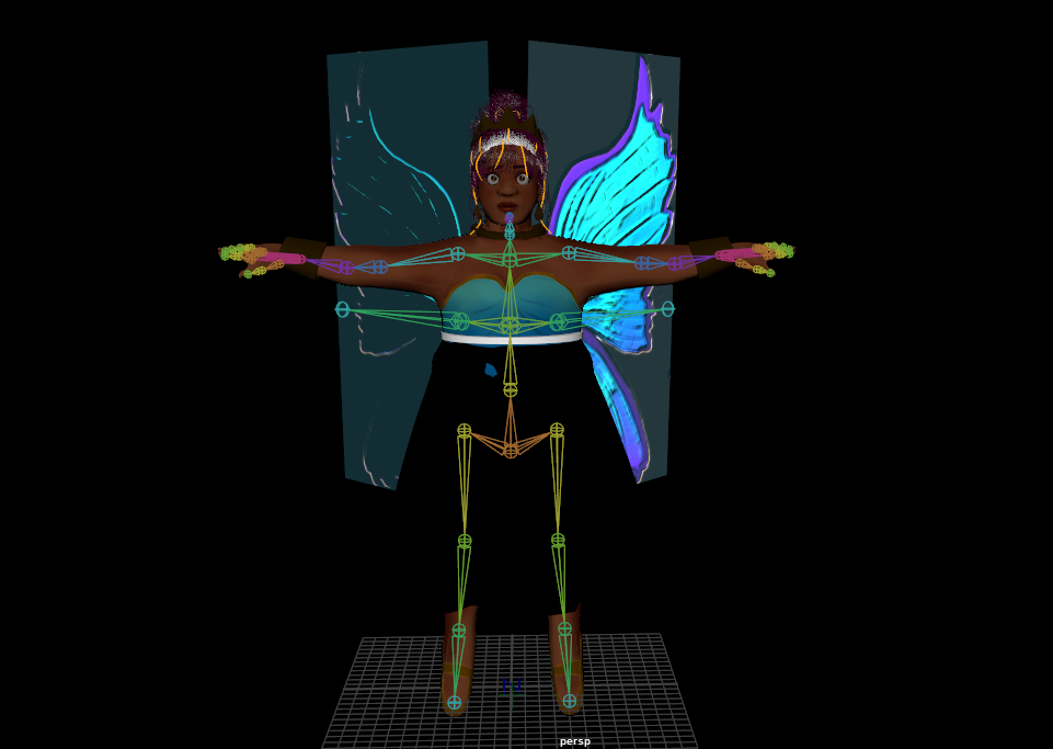 Character in viewport with rigged body and wings
