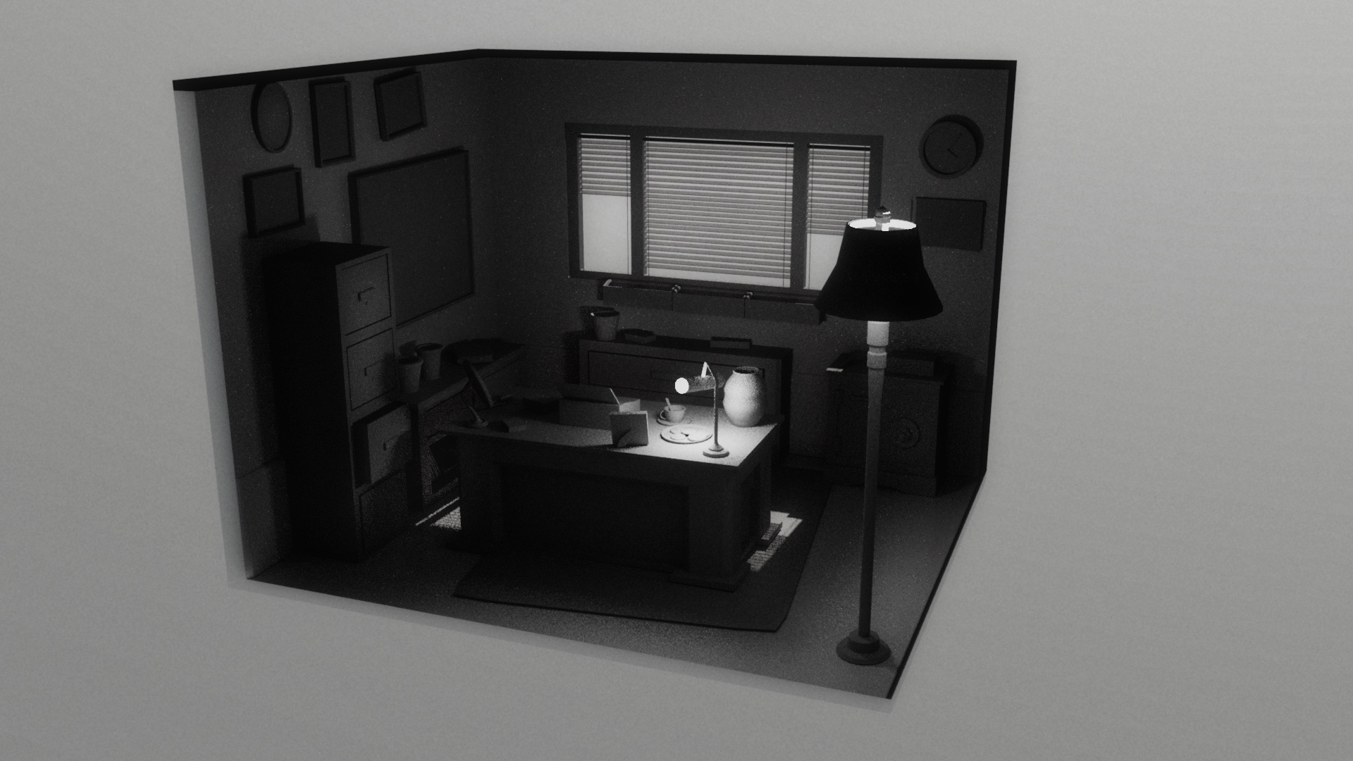 Black and white room render pre-texturing