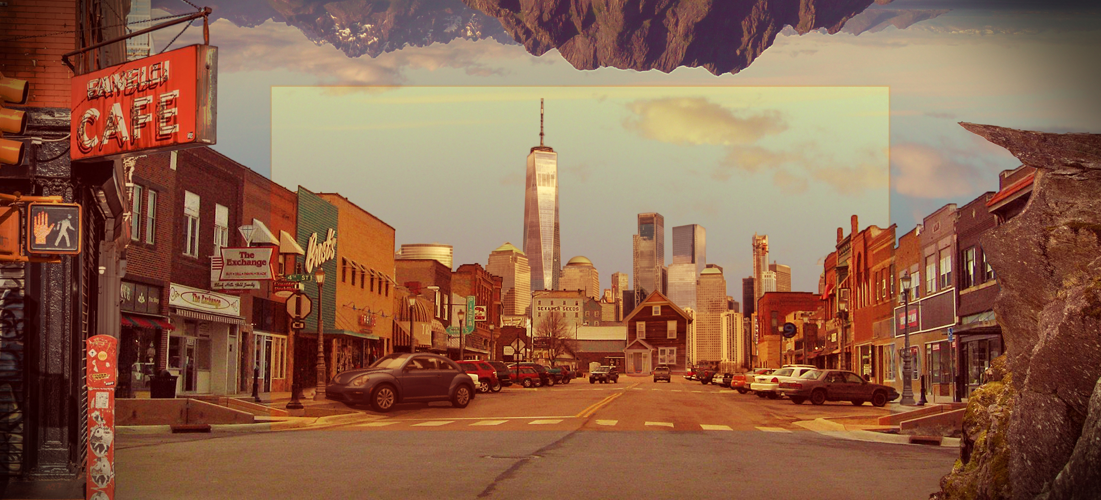 "Home Again," 2023, manipulated photography, 1200x545px. Assignment: Landscape of Memory.