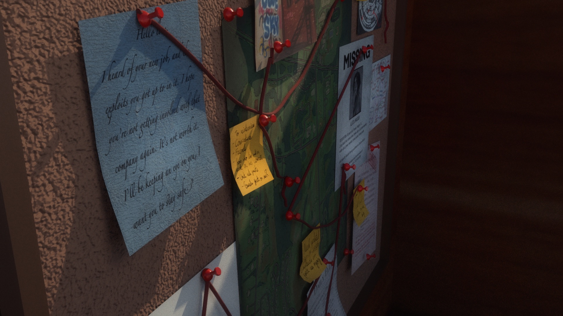 Conspiracy board render.