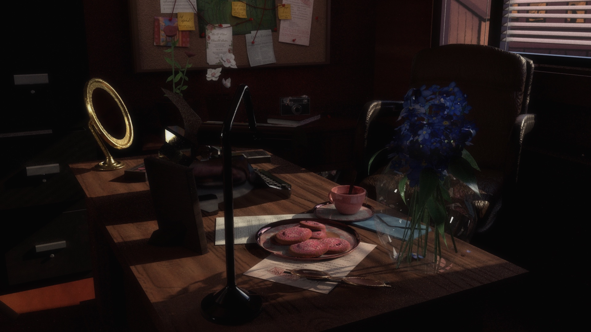 Detective's office render, desk view.