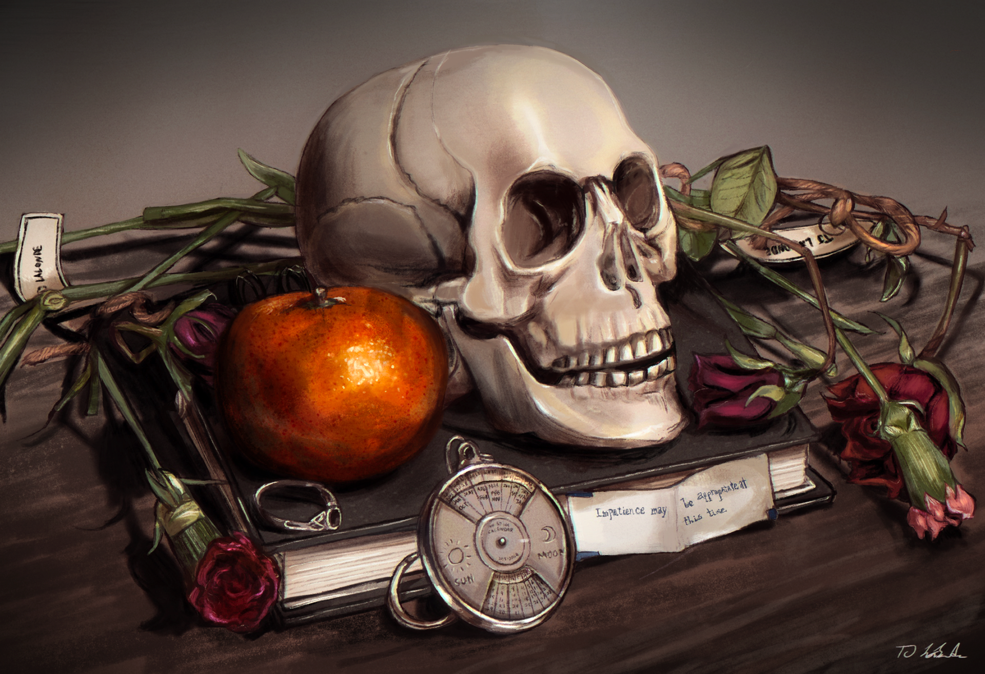 “Dorm Memento Mori,” 2021, digital painting, 925x1175px. Still-life study.