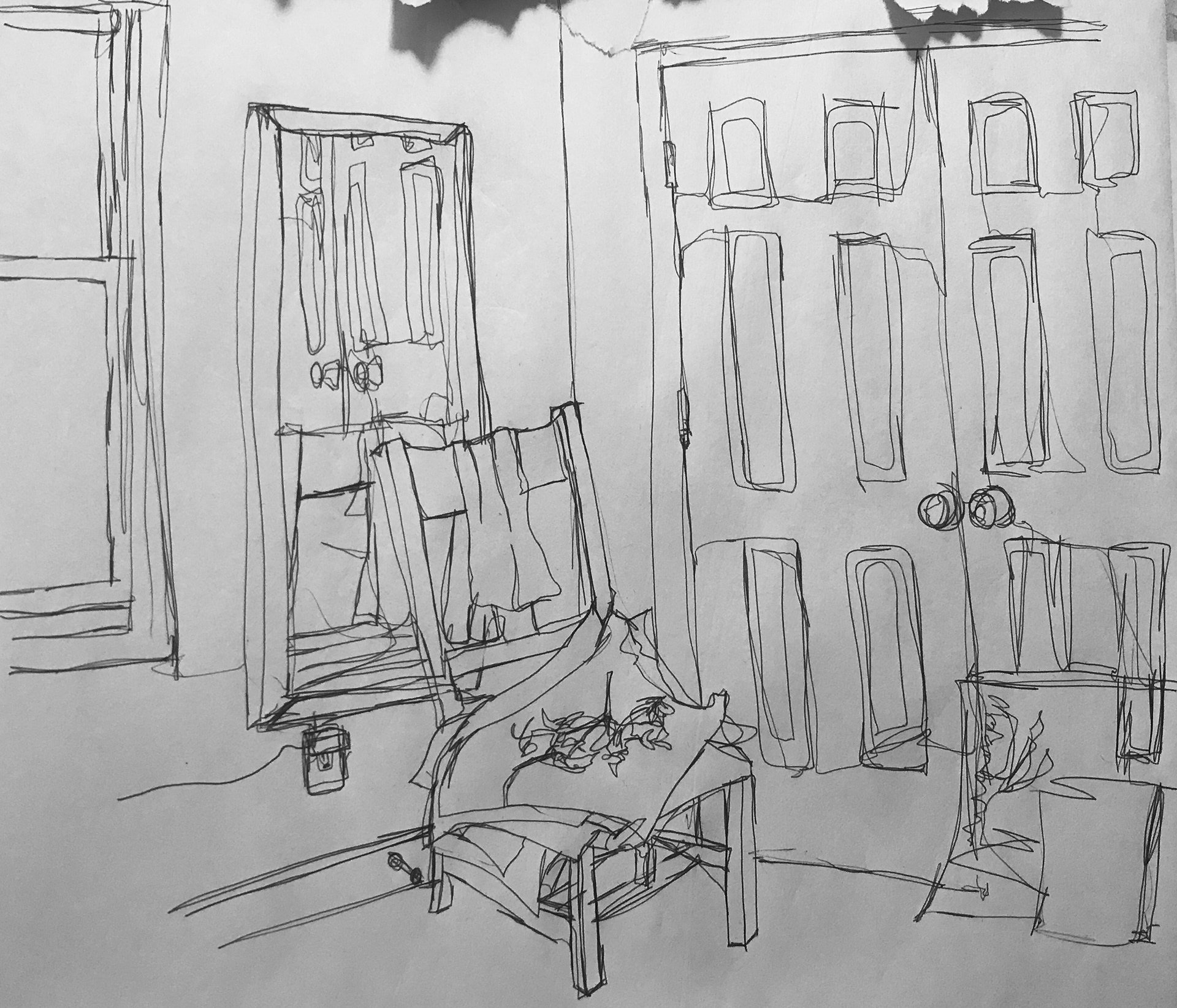 Pen on paper; contour line drawing.