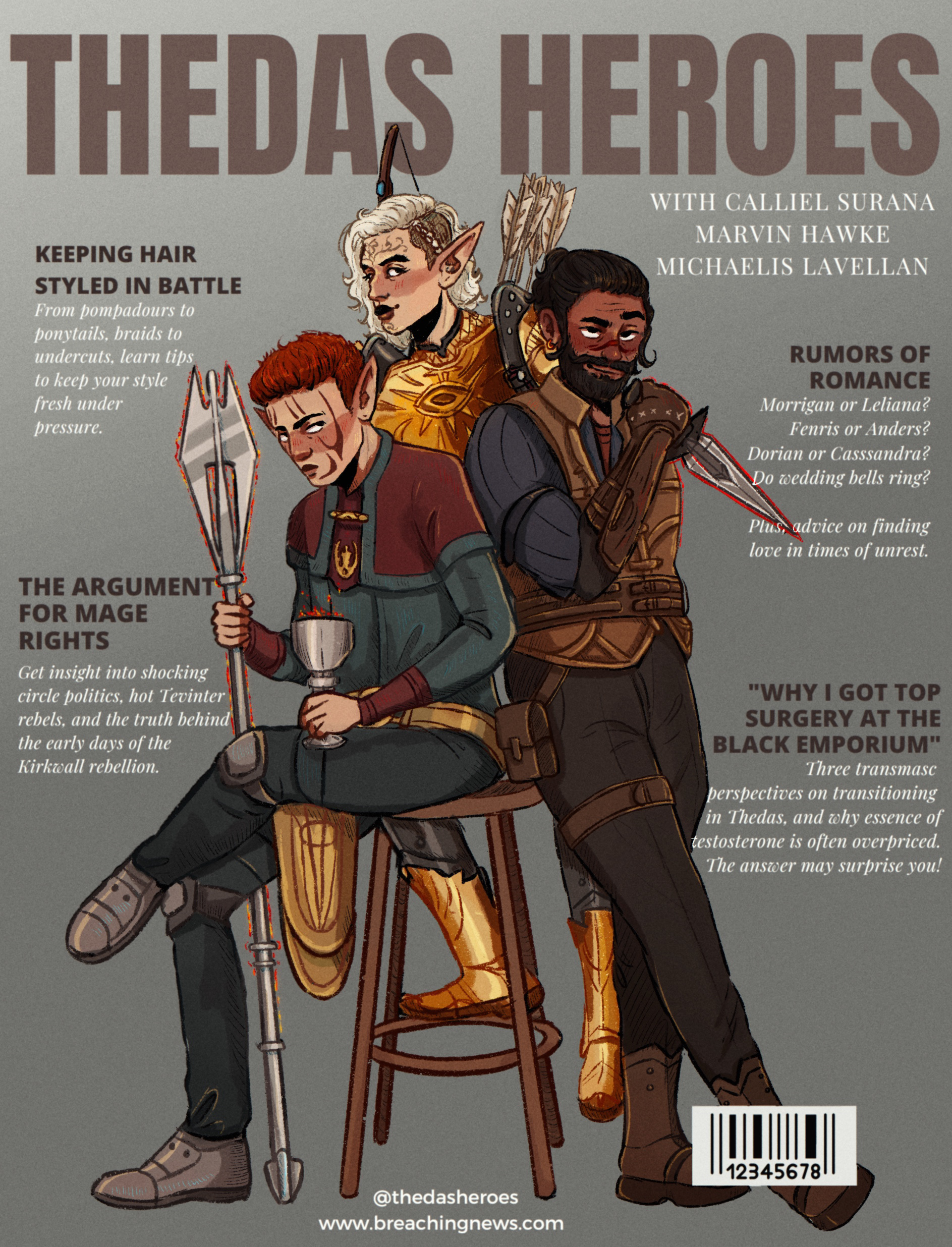 “Heroes of Thedas,” 2022, digital art, 1887x2472px. Fake magazine cover featuring original Dragon Age characters.