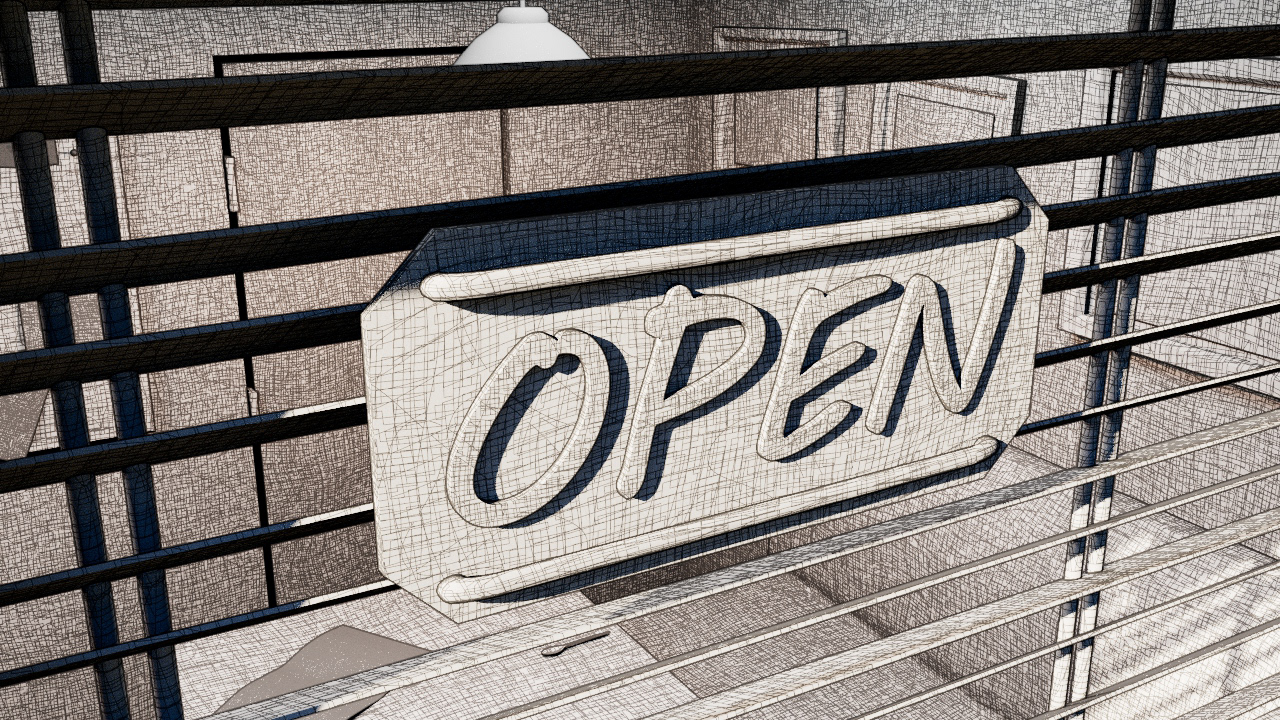 Open sign render using hatched shading.