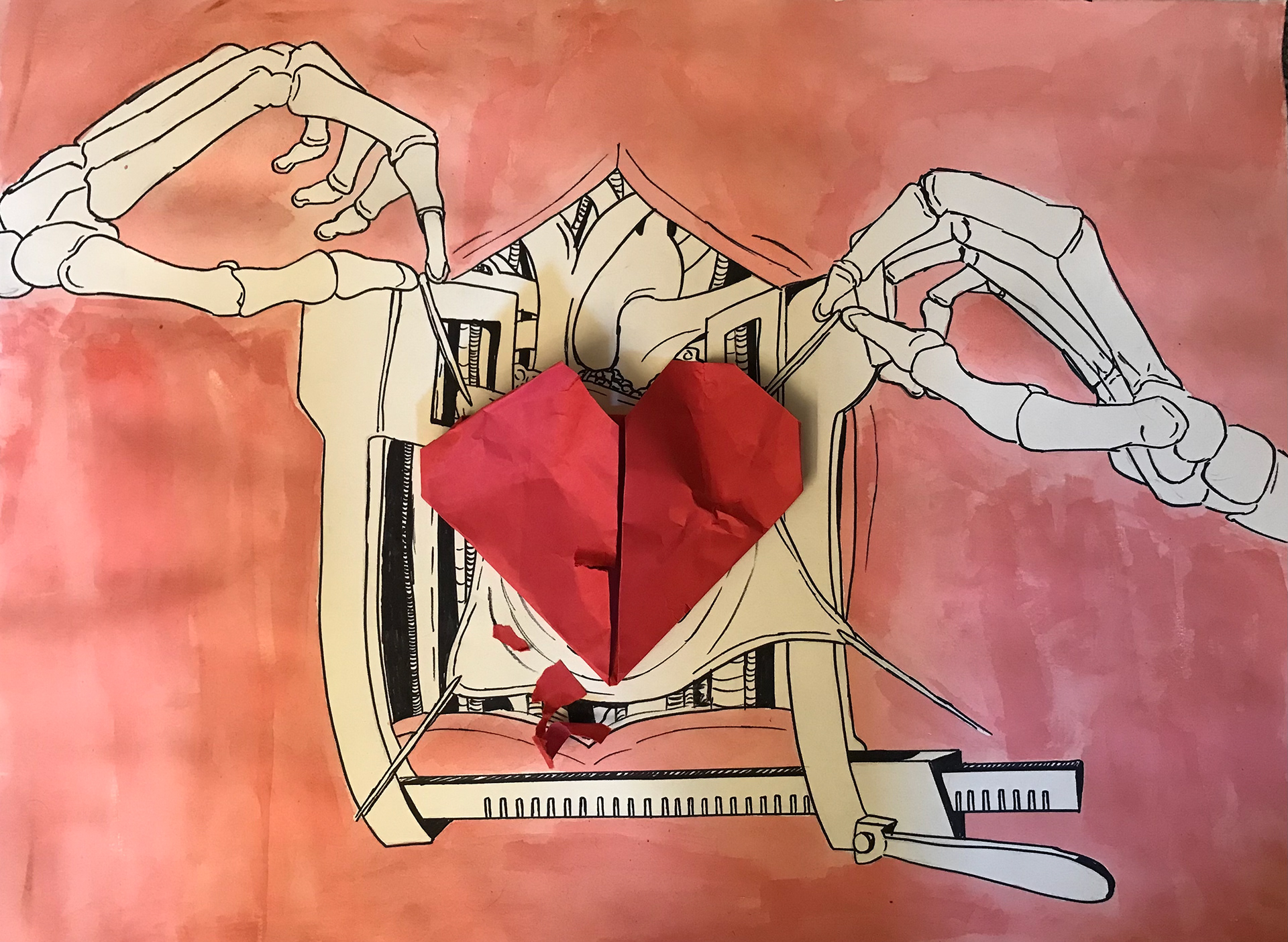 Pen, watercolor, and origami on paper.