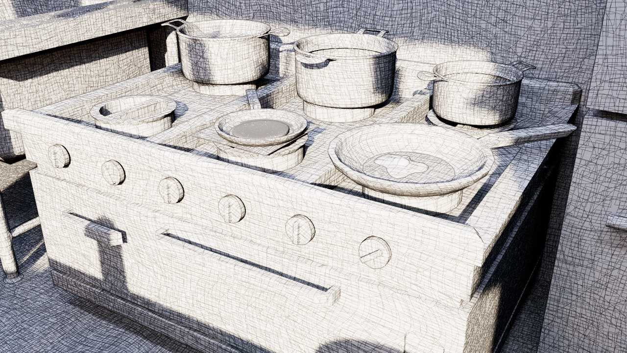 Kitchen render using hatched shading.
