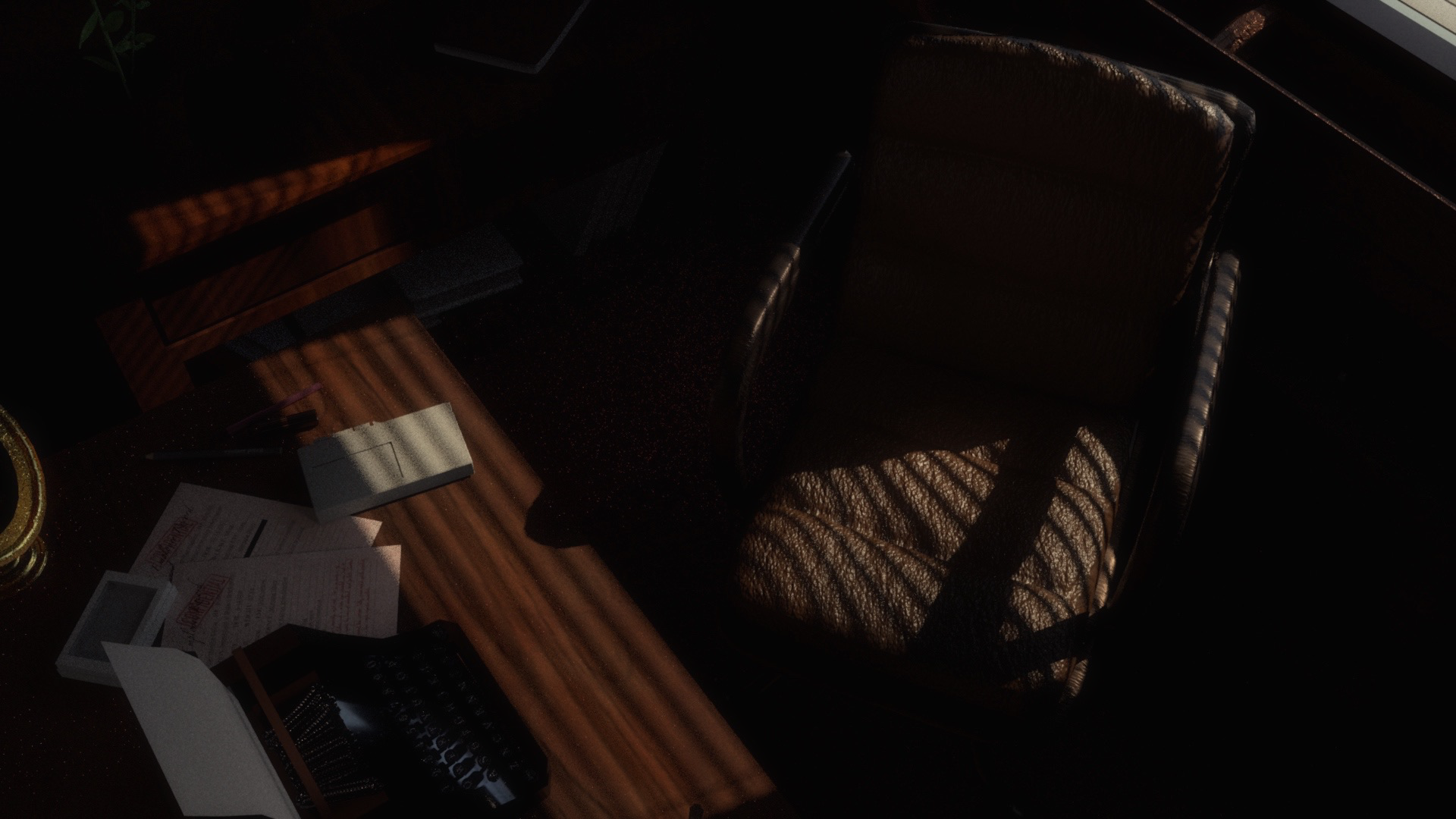 Render of venetian blinds on chair.