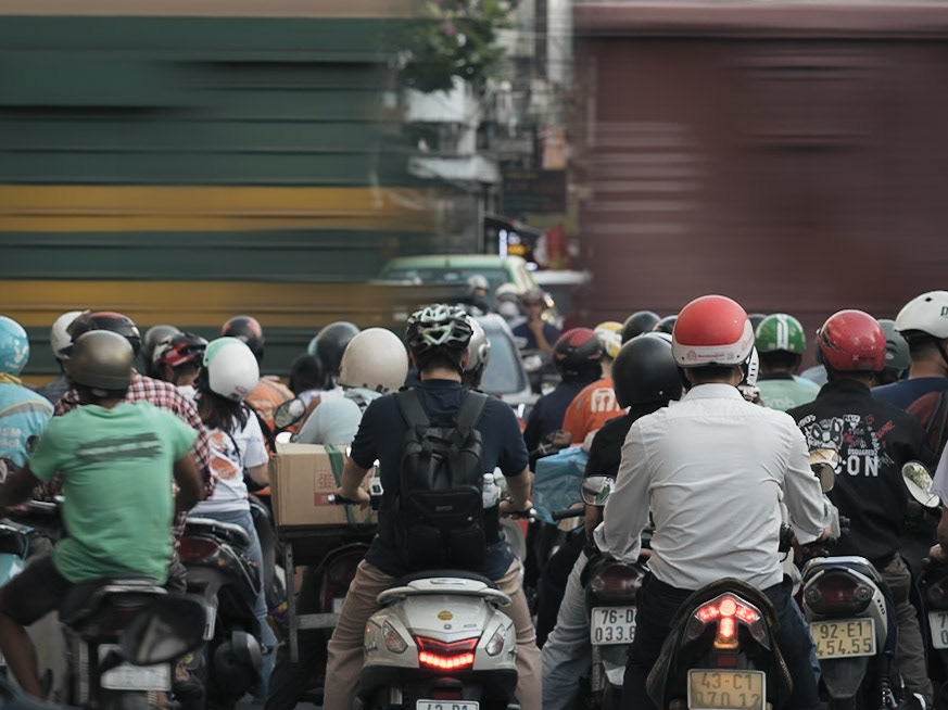 Motorbikes and Passing Train, Đà Nẵng Railway Line