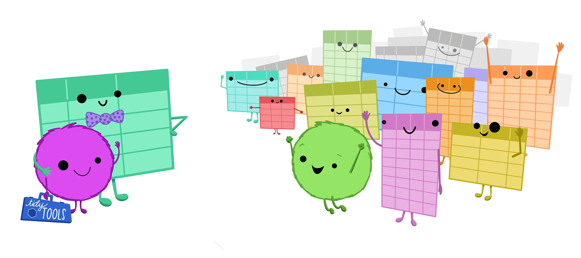 Digital illustration of a cute fuzzy monster holding a brief case that says "tidy data," standing beside a friendly looking data table character, being welcomed with cheers by many other data tables and another cute monster jumping with joy.