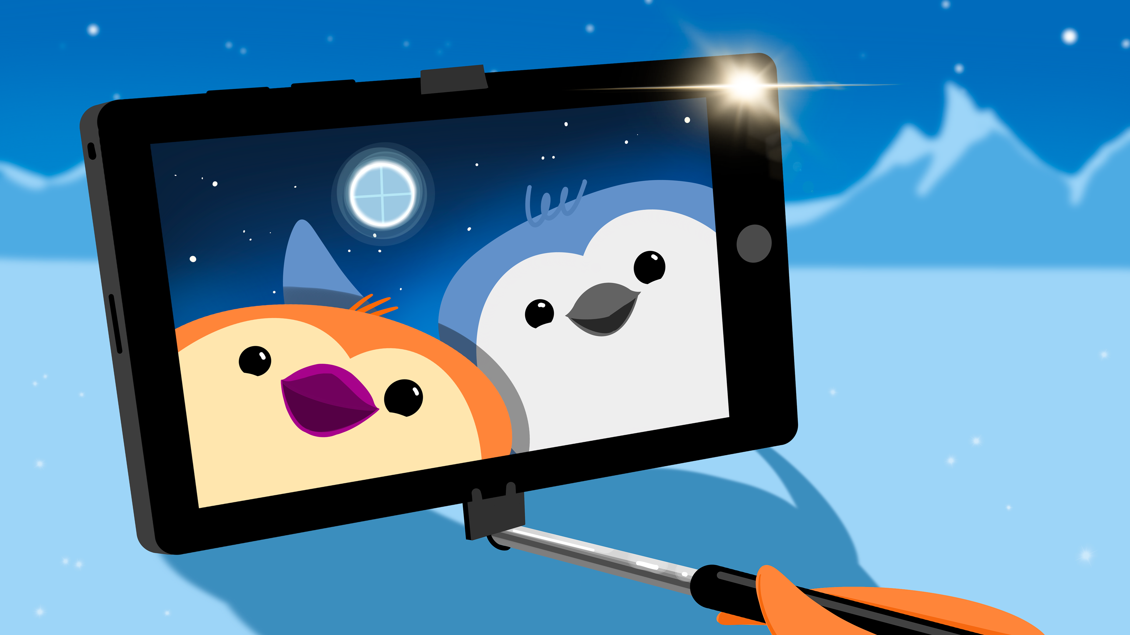 Two happy penguins taking a selfie together in a snowy landscape.