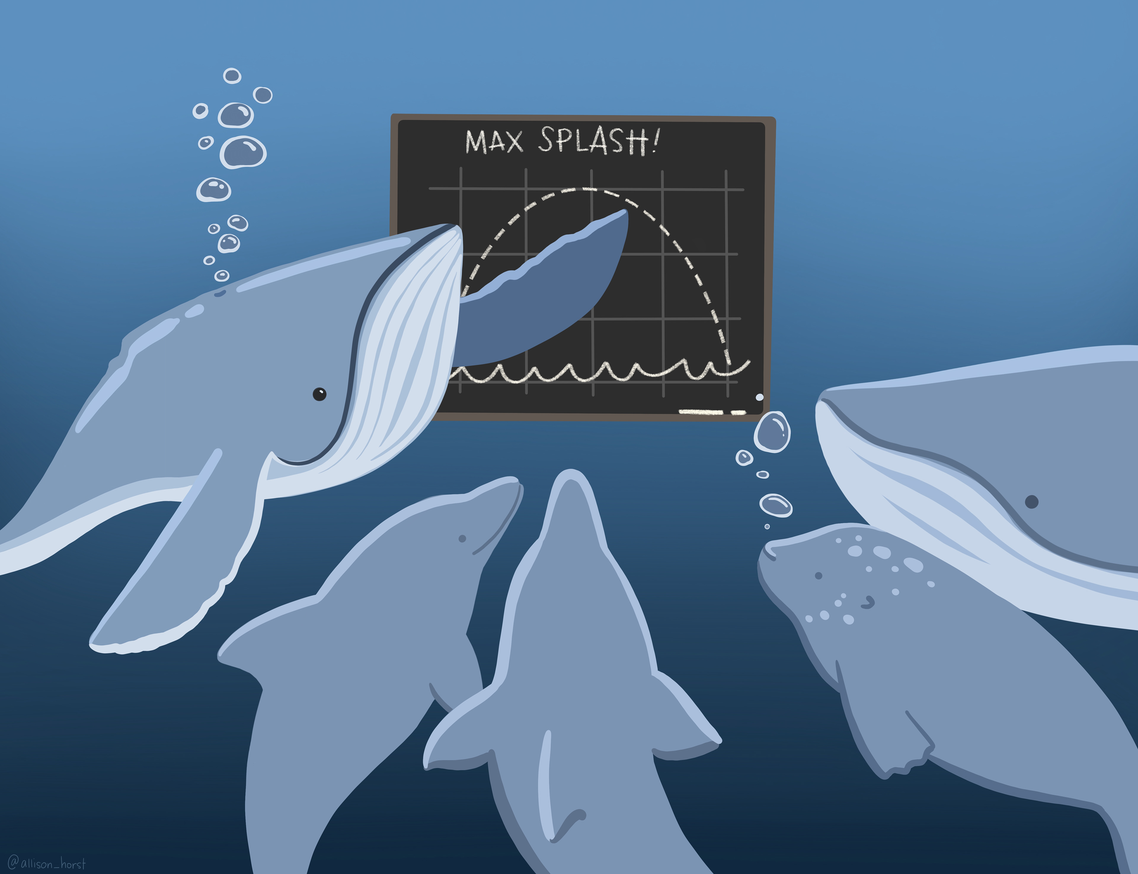 A humpback whale cartoon, teaching a class of dolphins, seal and another whale some calculus (probably) by pointing out the local maximum of a "MAX SPLASH!" function on a whiteboard.