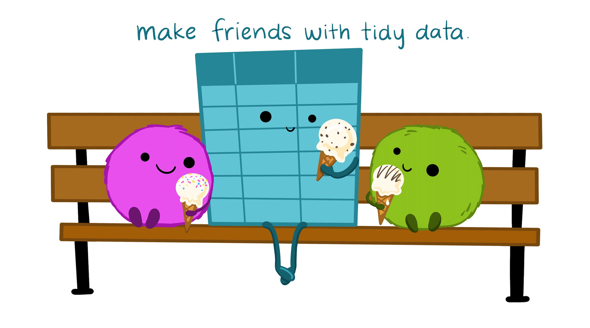 An illustration featuring a cute, cartoonish scene with three characters sitting on a bench. In the center, there is a smiling blue rectangular character resembling a tidy data table, holding an ice cream cone. On either side of the table are two round, fluffy creatures: one pink on the left and one green on the right, both also holding ice cream cones. Above the characters, the text reads 'make friends with tidy data.' The overall tone of the image is friendly and inviting, encouraging positive feelings toward tidy data.