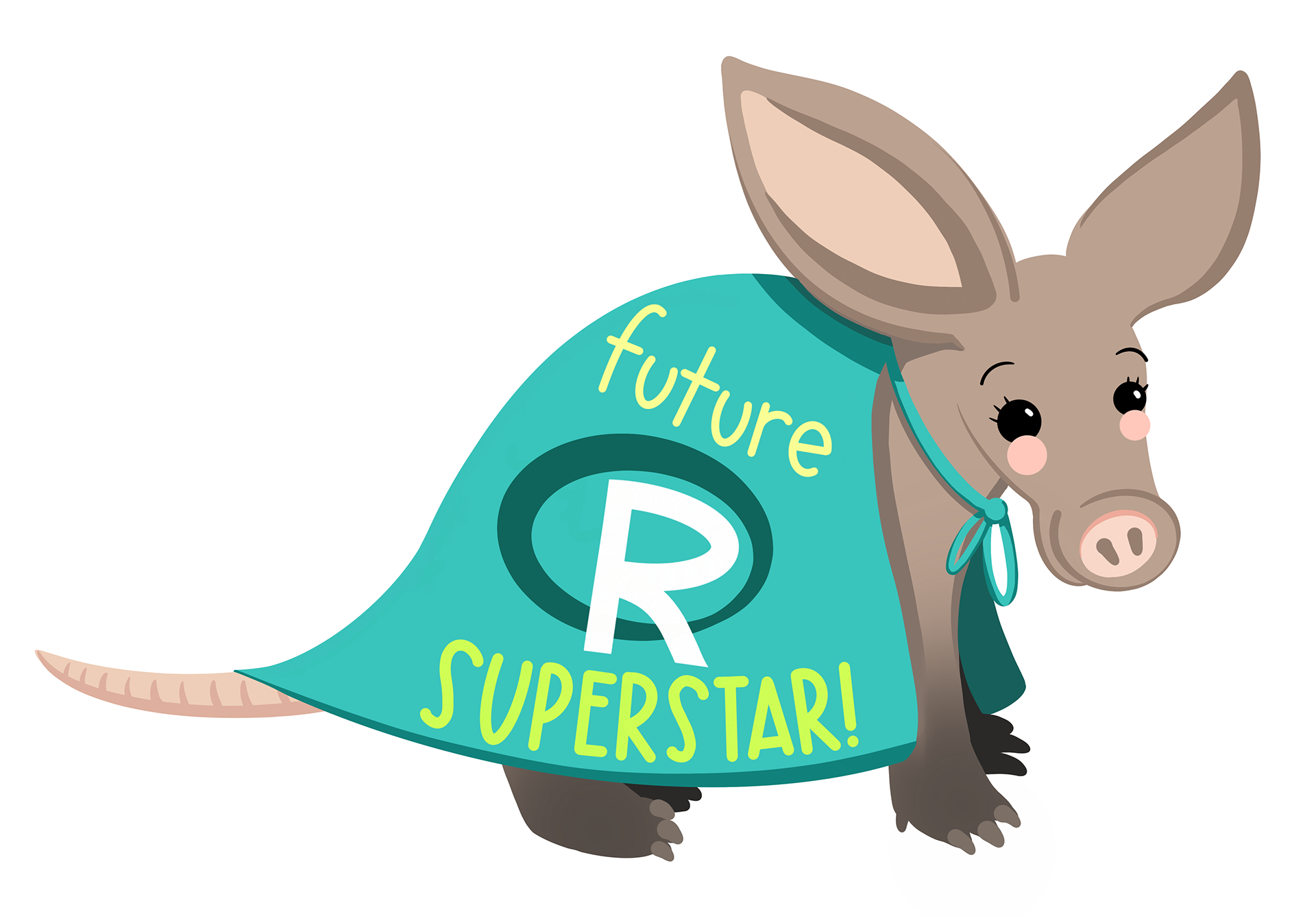 A collaboration with David Keyes: a yound R aardvark, wearing a cape with the words "future R superstar" on it