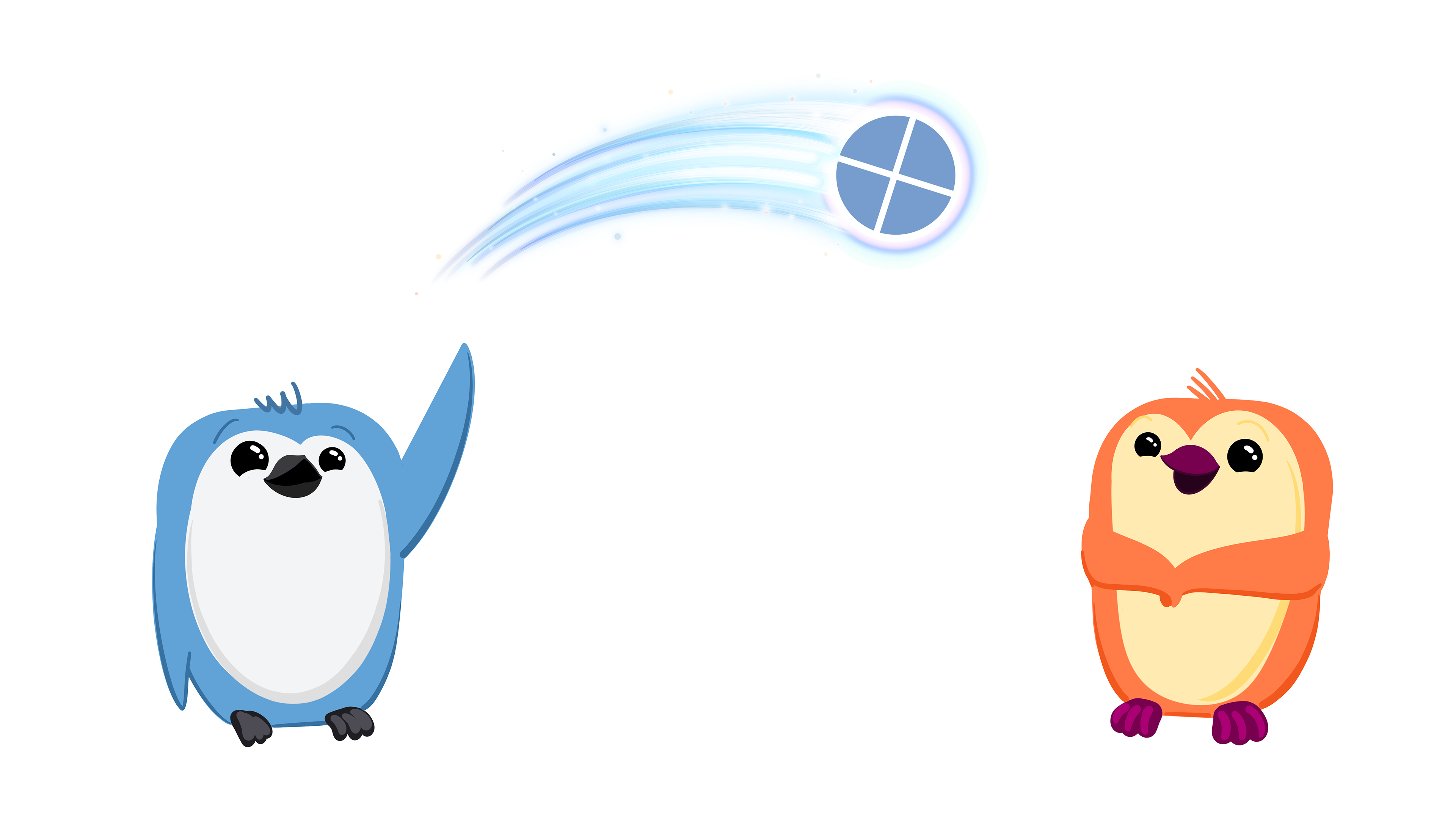 Two penguins looking happily up at a Quarto logo "meteor" that is flying overhead.