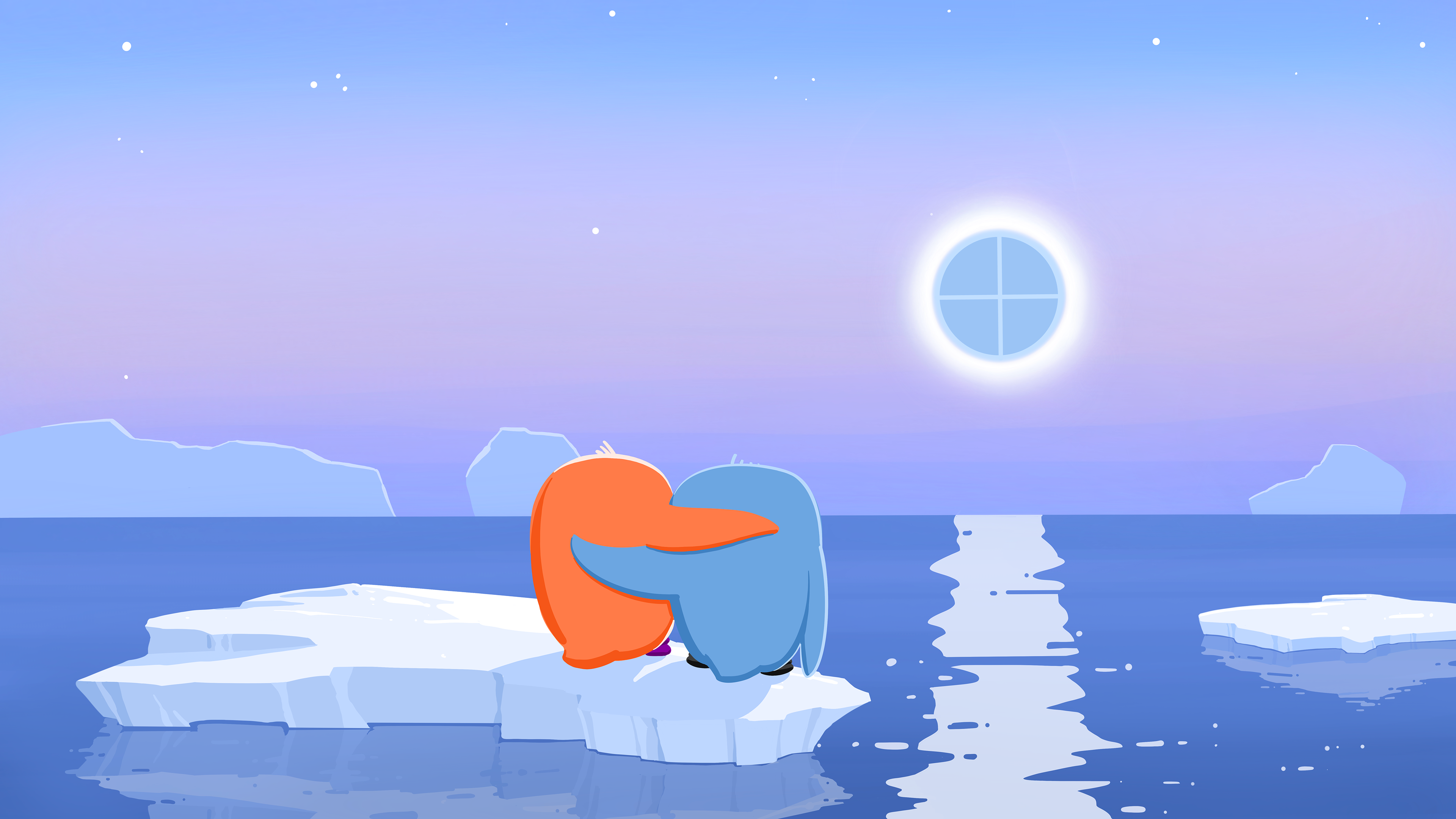 Two penguins standing on an iceberg at dawn, viewed from behind, with their arms around each others' shoulders. A Quarto logo "moon" is near the horizon.